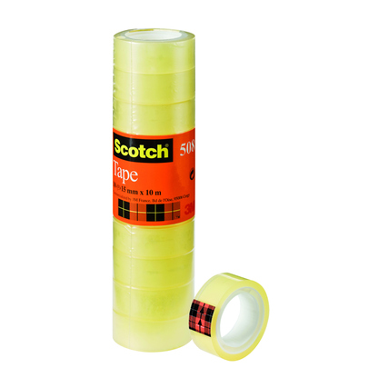 Klebefilm in gelber Farbe, in einer Packung mit zehn Rollen zu je 15 mm x 10 m.