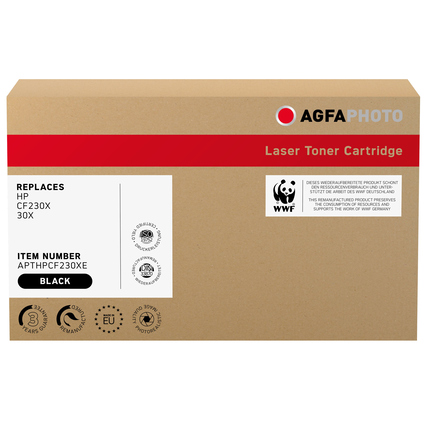 Braune Kartonverpackung eines Toners, beschriftet mit Herstellerinformationen und Umweltsymbolen.