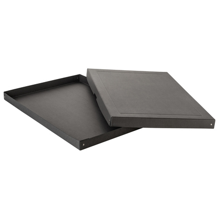 Schwarze, offene Aufbewahrungsbox mit flachem Deckel und Verstärkungsrillen.