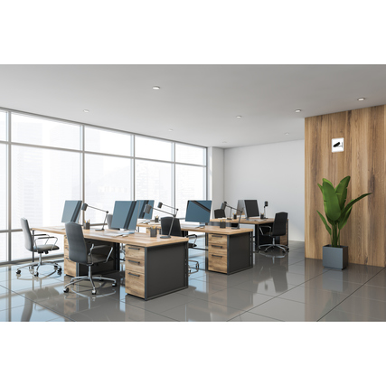 Moderne Büroumgebung mit mehreren Schreibtischen, Monitoren und Pflanzen.