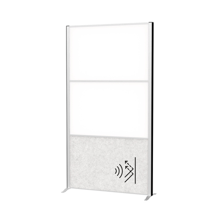 Modulare Stellwand mit zwei Whiteboard-Flächen und einer Akustikwand in hellgrau-silber.