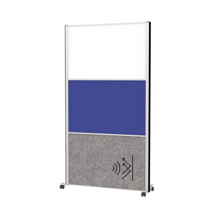 Freistehende modulare Stellwand mit Pinntafel, Akustikwand und Whiteboard in mehreren Farben.