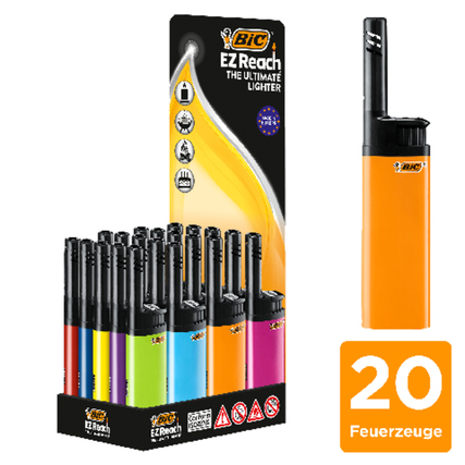 BIC EZ Reach Feuerzeuge in verschiedenen Farben, präsentiert in einer Verkaufsdisplay mit 20 Stück.