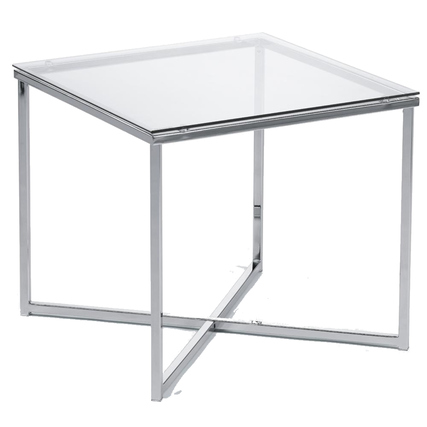 Glasierter Beistelltisch mit metallischem, geometrischem Gestell in quadratischer Form.