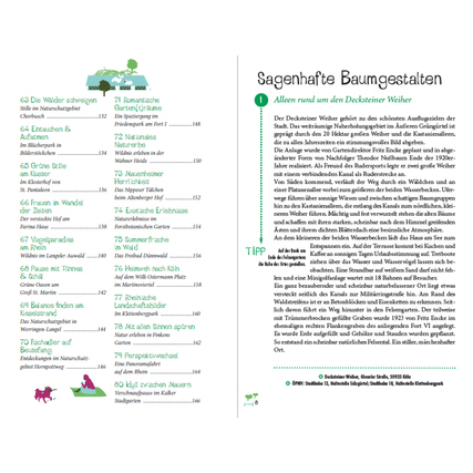 Innenseiten des Buches "Grüne Glücksorte in Köln" mit Text und Illustrationen.