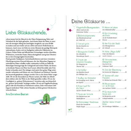 Zwei Seiten eines Buchs mit Text und Illustrationen über Grünoasen in Köln.