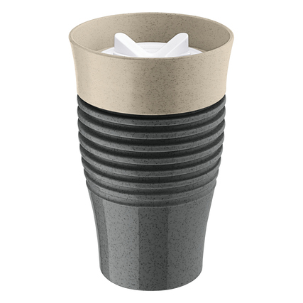 Thermobecher aus Mehrwegmaterial mit Lamellenstruktur und Rundumtrinkkante in zwei Farben.