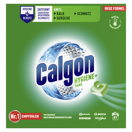 Waschmaschinenreiniger in grüner Verpackung mit Wasser- und Hygienesymbolen.