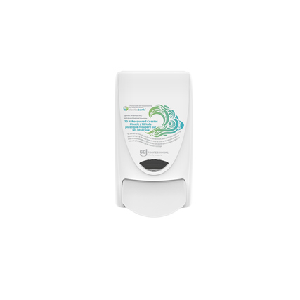 Weißer Seifenspender mit BioCote®-Logo und Wellenmuster, montiert an einer Wand.