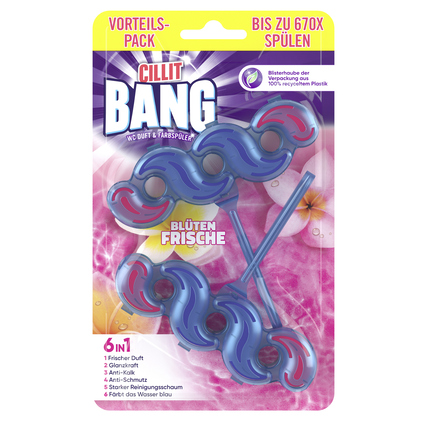 CILLIT BANG WC-Duftspüler in Blütenfrische mit zwei farbigen Blockelementen in einer Verpackung.