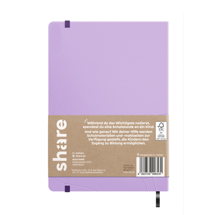 Lavendelfarbenes Notizbuch im DIN A5-Format mit punktkarierten Seiten und Umweltschutzhinweisen.