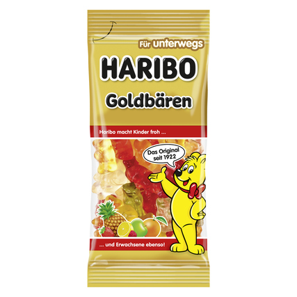 Beutel mit HARIBO Goldbären in verschiedenen Farben und der Abbildung eines Bärenmaskottchens.