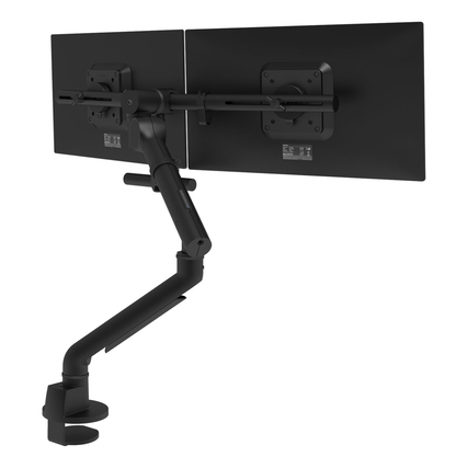 Zwei Monitore an einem schwarzen Monitorschwenkarm mit verstellbarer Halterung.
