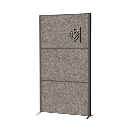 Dunkelgraue, modulare Stellwand mit drei Akustikpaneelen und Sichtschutz.