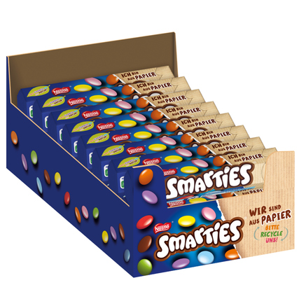 Packung mit SMARTIES in blauer Verkaufsbox, mehrere 38 g Tüten sichtbar.