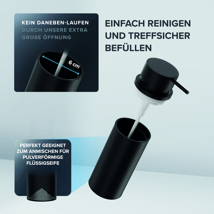 Seifenspender mit großer Öffnung zur einfachen Befüllung und Reinigung, freistehendes Design.