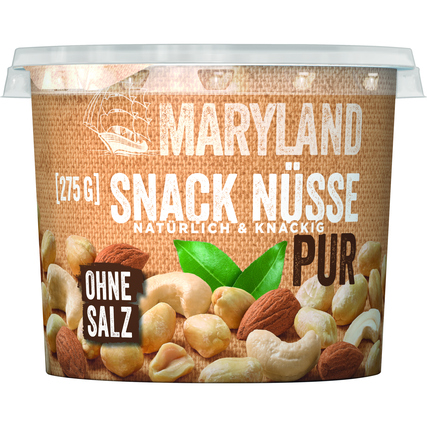 Becher mit Maryland Nussmischung Pur, 275 g, ohne Salz, auf braunem Hintergrund.