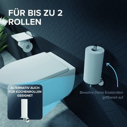 Silberner WC-Rollenhalter für bis zu zwei Rollen, montiert an einer Wand neben einer Toilette.
