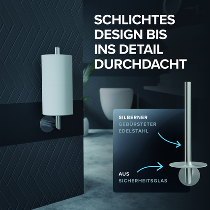 Silberner WC-Rollenhalter aus Edelstahl an einer Wand mit Textbeschreibung und dekorativem Umfeld.