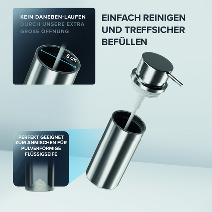 Freistehender Seifenspender aus Edelstahl mit großer Öffnung zum Nachfüllen.