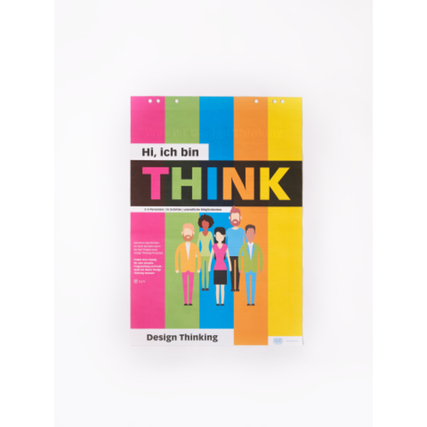Flipchartblock mit buntem Design und dem Text "Hi, ich bin THINK" für Design Thinking.