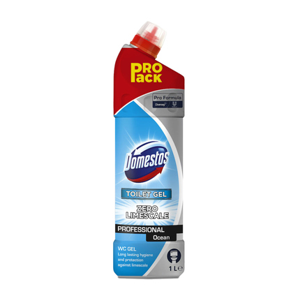Flasche WC-Reiniger mit rotem Deckel und blaue Etikettierung, in Ocean-Optik.