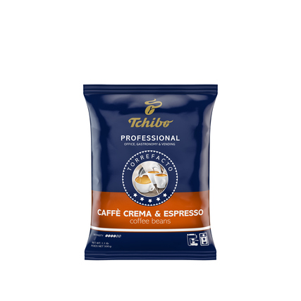 Verpackung von Tchibo Caffè Crema & Espresso, 500 g, mit blauem und orangefarbenem Design.
