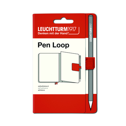 Elastischer Stiftehalter in Verpackung, rot mit Produktinformation und Stift.