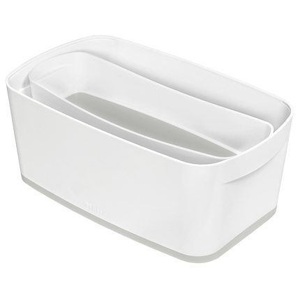 Weiße Aufbewahrungsbox mit grauem Innenraum, teilweise gefüllt und auf einem Tisch platziert.