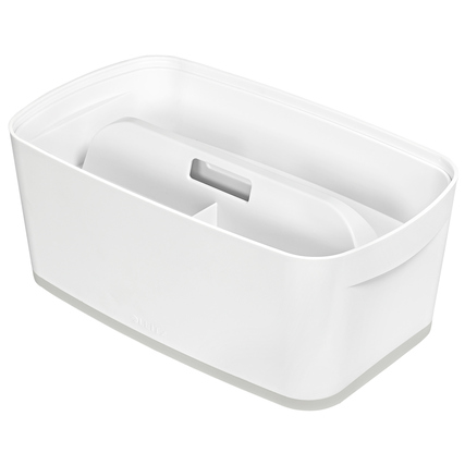 Weiß-graue Aufbewahrungsbox mit Innenfächern aus glattem Kunststoff.