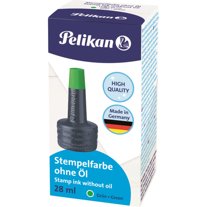 Grüne Stempelfarbe in einer flaschenförmigen Verpackung mit grüner Kappe und 28 ml Inhalt.