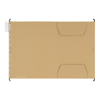 Hängemappe in Beige mit zwei Einschubfächern und Metall-Hängeschienen, von oben betrachtet.