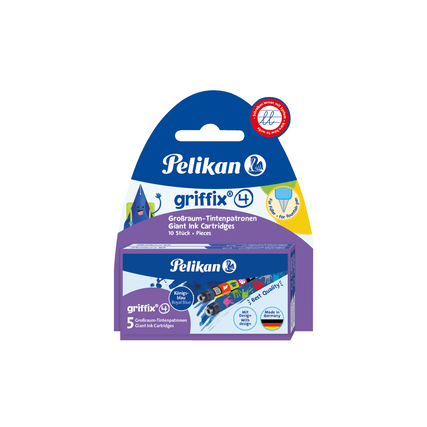 Blisterpackung mit fünf Tintenpatronen für Kinder von Pelikan in bunten Farben.