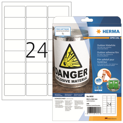 Folienetiketten in Packung mit 240 Etiketten und Beispielaufkleber für Outdoor-Anwendungen.