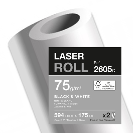Rolle von Plotterpapier in Schwarz und Weiß mit technischen Angaben und Verpackungseinheit.