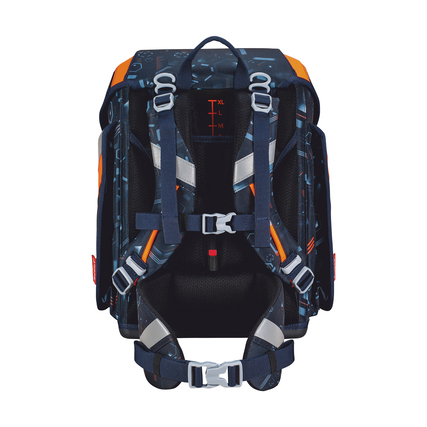 Schulranzen mit ergonomischem Rückenpolster und verstellbaren Tragegurten, Rückansicht.