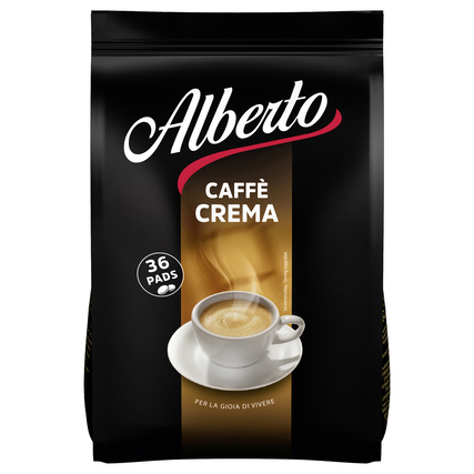 Packung mit 36 Kaffeepads Caffè Crema sowie einer Tasse Kaffee mit cremigem Schaum.