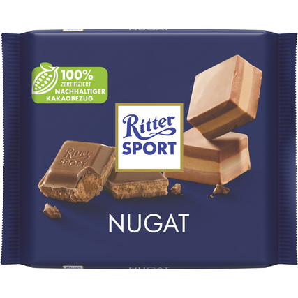 Ritter Sport Schokolade Nougat in einer blauen Verpackung mit drei Schokoladenstücken.