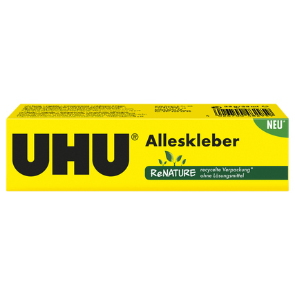 Gelbe Tube mit UHU Alleskleber ReNATURE, auf der Vorderseite sind Produktname und Logo sichtbar.