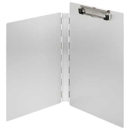 Flache Klemmbrettmappe mit seitlich aufklappbarem Deckel und Halteklemme.