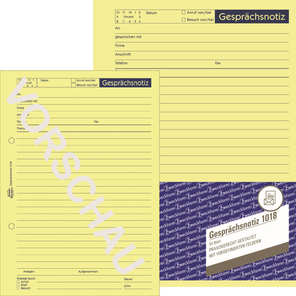Gelbes Gesprächsnotizformular mit strukturierten Zeilen und Feldern für Daten und Notizen.
