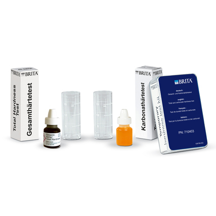 Wassertestset zur Bestimmung der Gesamthärte und Karbonathärte mit verschiedenen Reagenzien.