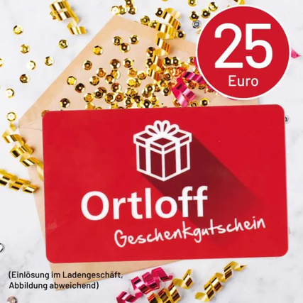 Geschenkgutschein über 25 Euro mit Geschenkbox-Design und Hinweis zur Einlösung im Ladengeschäft.