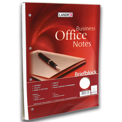 Briefblock DIN A4 mit kariertem Papier und 4-fach Lochung, dekoriert mit einem roten Hintergrund.