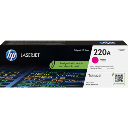 Tonerpatrone in magenta für HP LaserJet mit Verpackungsdesign und Produktinformationen.