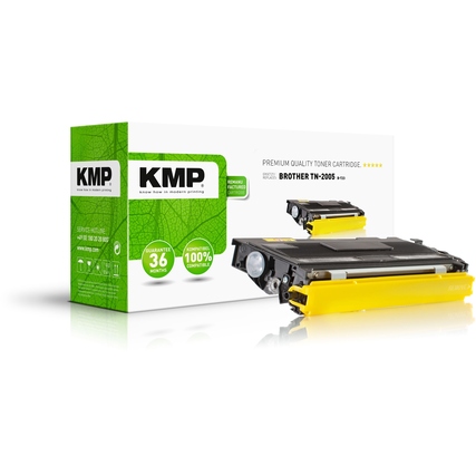 Schwarzer Toner KMP TN-2005 in der Verpackung mit gelbfarbenem Element auf weißem Hintergrund.