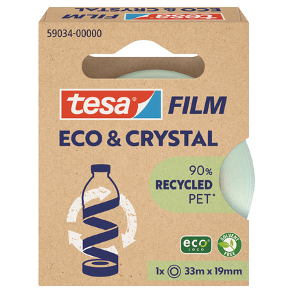 Klebefilm in einer umweltfreundlichen Verpackung mit Angaben zu Material und Anwendung.