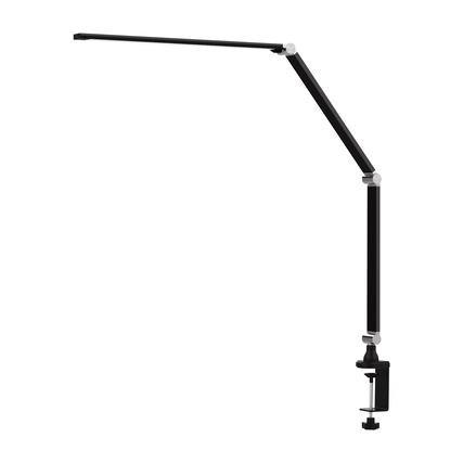 Schwarze LED-Arbeitsleuchte mit ausladendem Arm und Klemme zur Befestigung.