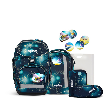 Schulranzen mit Zubehör in Galaxy Glow Design, dargestellt mit verschiedenen Teilen des Sets.