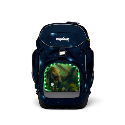 Zippie LED Dinosaurier am Frontfach eines ergobag Ranzens mit leuchtenden LEDs.